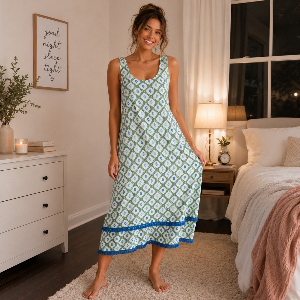 Rudelain Boho Geometric Nightgown Coastal Grandma Sleep Dress Tassel Medium